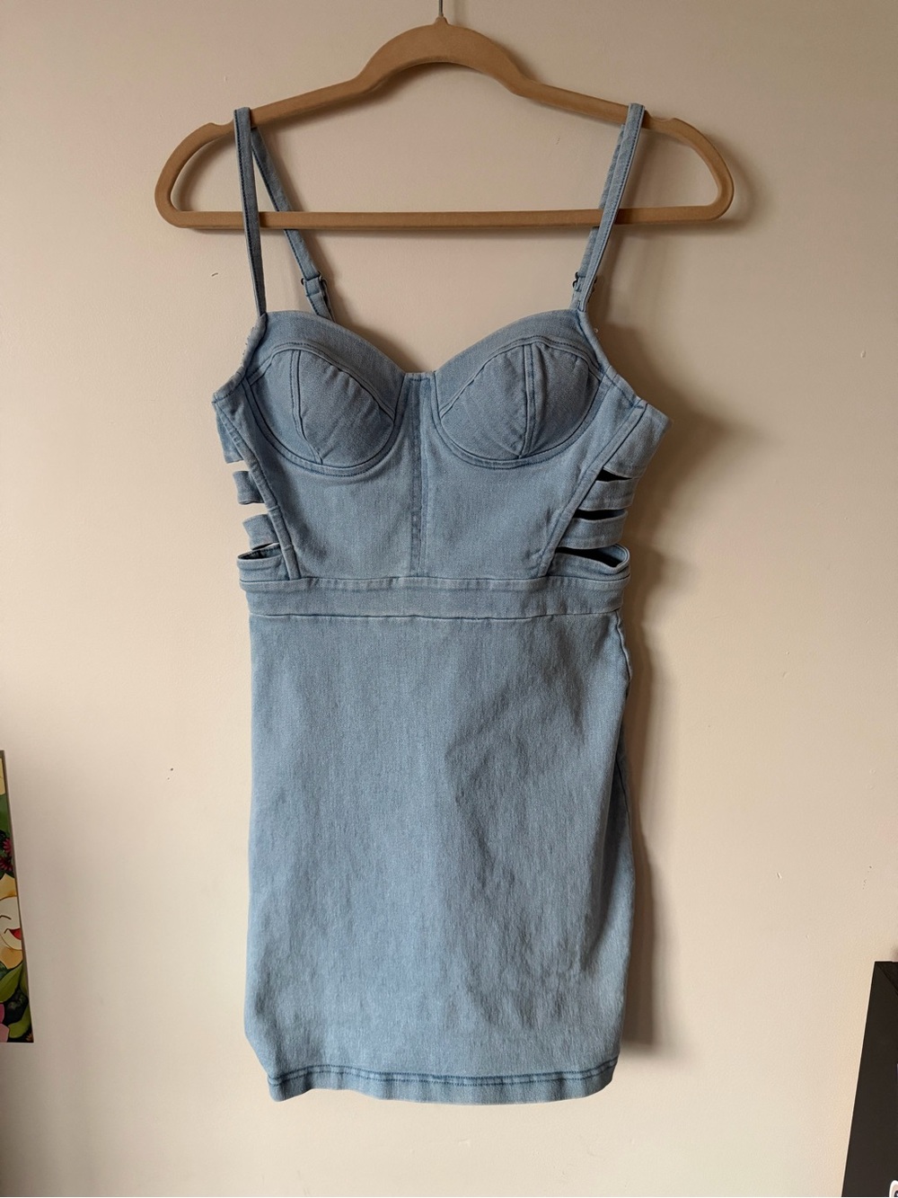 Haute Monde Light Blue Denim Bustier Mini Dress with Side Cutouts